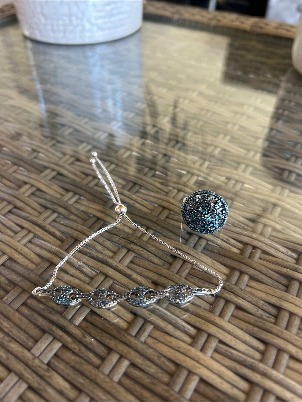 Silver Bracelet and Round Ring with Teal Crystal Accents